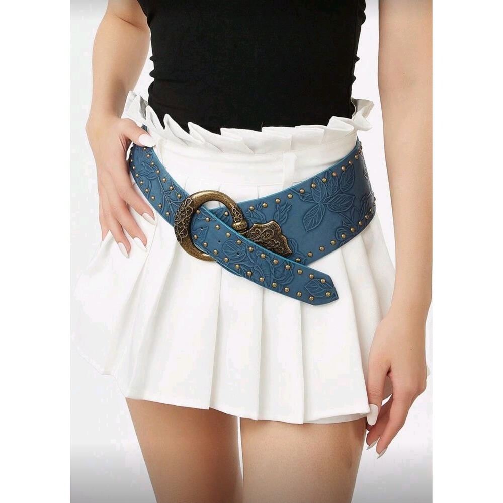 Wide Belt Women's Floral Embossed Blue Faux Leather Antique Gold Buckle  41 Inch